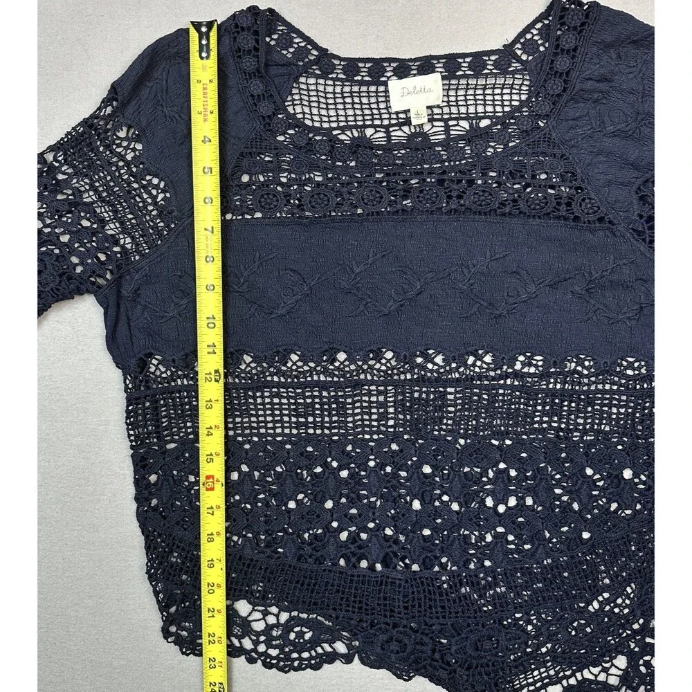 Anthropologie Deletta Crochet Lace Top Navy Blue Sz L Witchy Boho Coquette